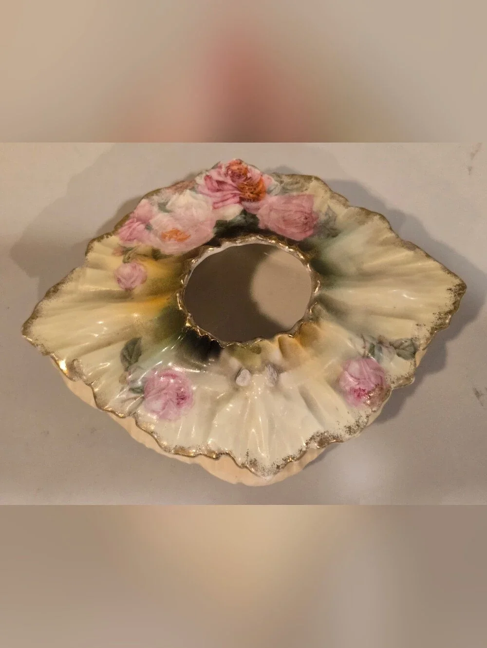 Victorian-Style Porcelain RS Prussia Hair Receiver with Pink Rose Accents